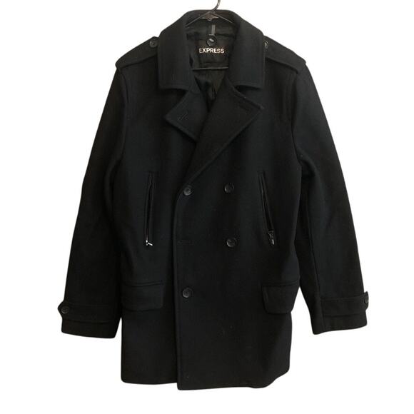 Express Other - Express Mens Coat Black Double Breasted Peacoat Lined Wool Blend Large